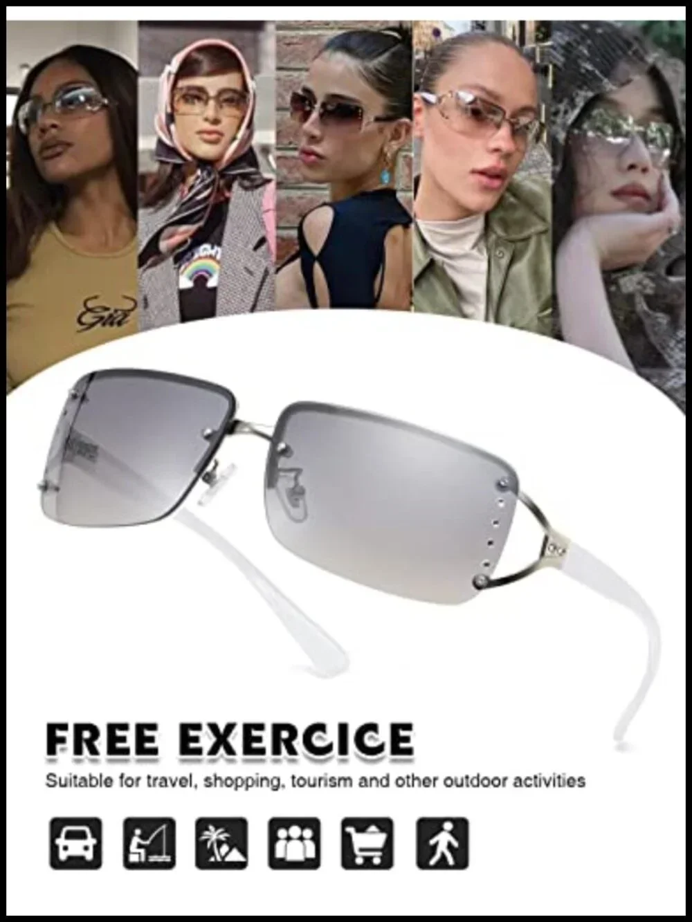Rimless Rectangle Sunglasses UV400 Protection Metal Frame Men Women Y2K Trendy